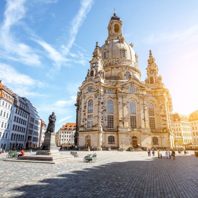 View on the main city square with famous church of Our Lady during the sunrise in Dresden city, Germany